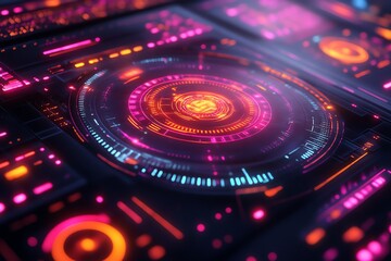 A futuristic, abstract technological interface with glowing neon lights.