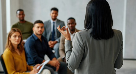 Fototapeta premium Businesswoman female speaker addressing group of people in a business meeting or a training session.
