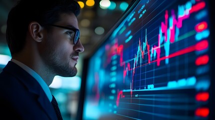 Businessman focused on stock market performance charts displayed on a large office monitor