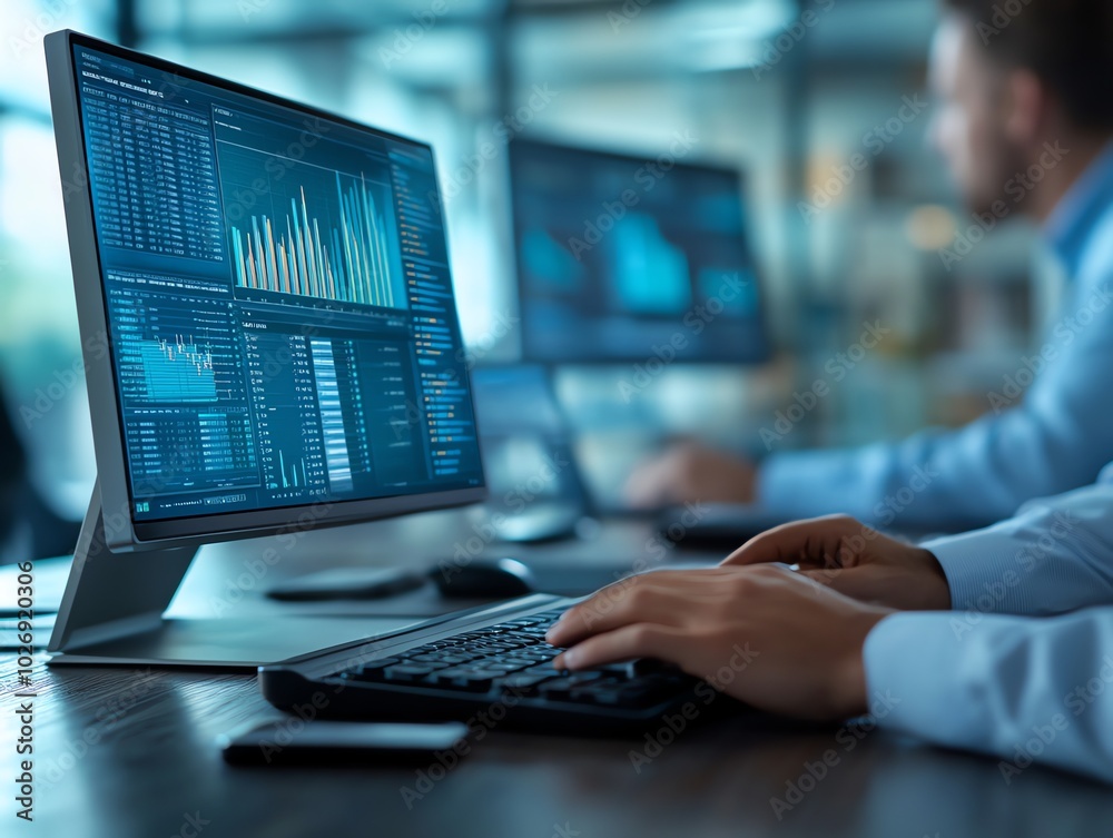 Poster Businessman working at a computer, analyzing data on a monitor.