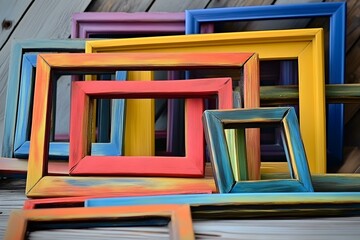 Colorful Stacked Picture Frames on Rustic Wood Background