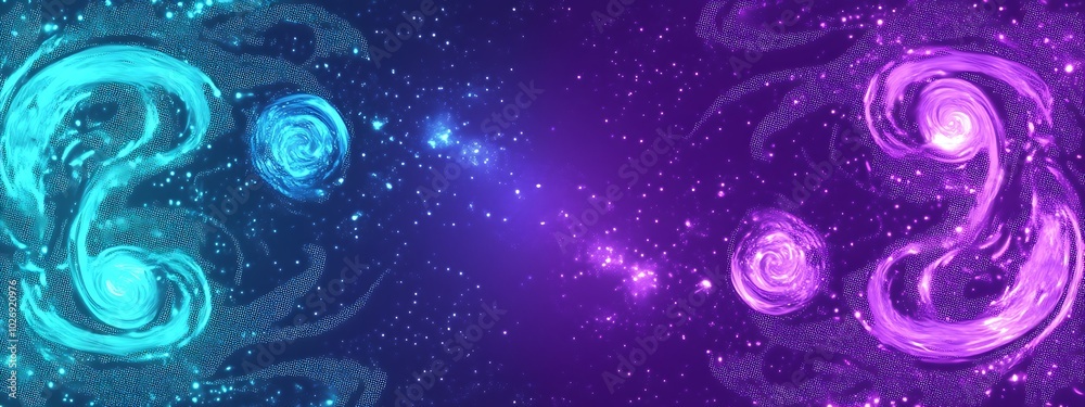 Poster Abstract swirling neon shapes in a cosmic background with bright, sparkling glitter.