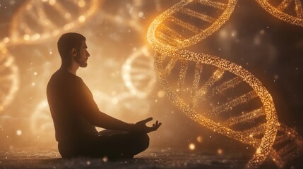 Meditating man in a calm posture with golden glowing DNA strands, symbolizing harmony of body and science