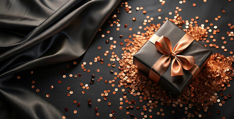Template background with gold sequins confetti and gift box on the black silk surface, copy space for text