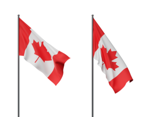 Two Canadian flags waving in the wind, isolated on a white background. Clean, patriotic 3D rendering with national pride and celebration