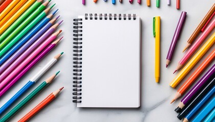 Vibrant Spiral-Bound Notebook with Doodles on Marble Table Surrounded by Art Supplies for Creative Inspiration