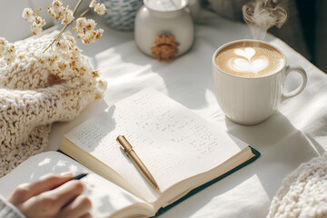 Flat-lay shot of a clean desk with open journal pen and cup of coffee with light steam in soft morning sunlight

