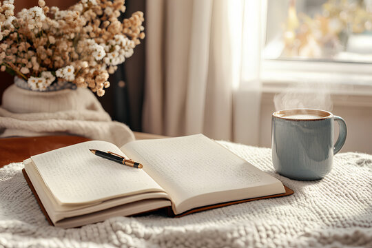 Flat-lay shot of a clean desk with open journal pen and cup of coffee with light steam in soft morning sunlight
