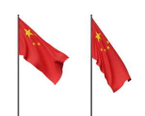 Two Chinese flags waving in the wind on poles with a white background. The flags show a clean, isolated design with a smooth texture. 3D Rendering