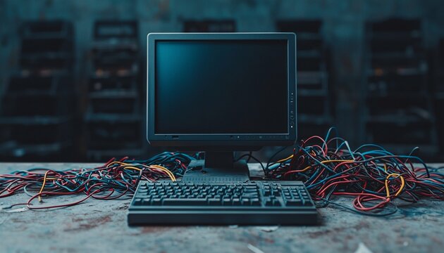 Forgotten Technology: Abandoned Computer Workstation in Dimly Lit Room