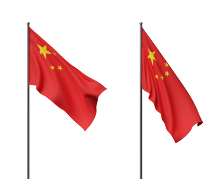 Two Chinese flags waving in the wind on poles with a white background. The flags show a clean, isolated design with a smooth texture. 3D Rendering