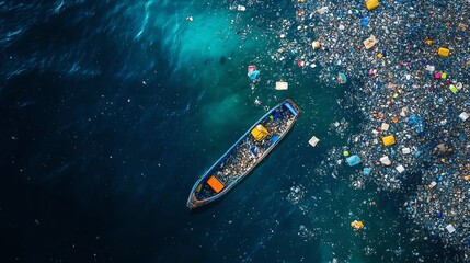 Fototapeta premium An aerial view of a boat surrounded by ocean pollution, highlighting the urgent issue of waste in our waterways.