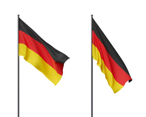 Two German flags blowing in the wind on flagpoles, shown on a white background. Patriotic concept, national celebration, isolated. 3D Rendering