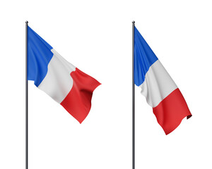 Two French flags blowing in the wind, displayed on flagpoles, set against a white background. Represents national pride and celebration. 3D Rendering