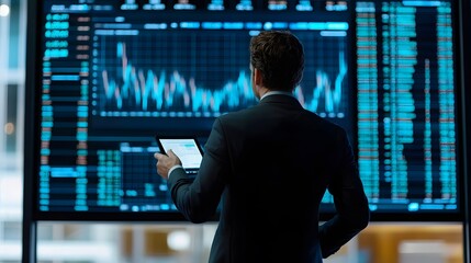 Investor in a suit examining stock graphs on a large screen in a modern office backdrop