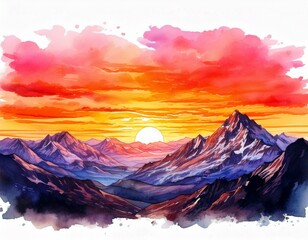A vivid watercolor painting of a mountain landscape at sunset, with bold orange, pink, and purple hues filling the sky.