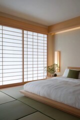 Modern Japandi bedroom showcasing a mix of Scandinavian and Japanese styles with a natural color palette