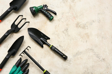 Tools for gardening on white grunge background. Top view