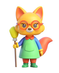 3D anime rendering of A male fox wearing an old woman's costume, wearing glasses. Sly eyes, Holding a broom, isolated on white background