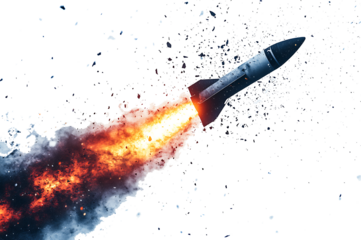 Missile Launch With Fiery Trail and Debris isolated on a transparent background