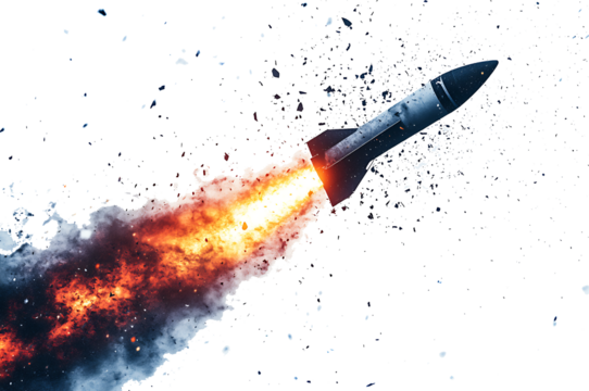 Missile Launch With Fiery Trail and Debris isolated on a transparent background