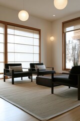 Fototapeta premium Modern living room in Japandi design featuring clean lines, low-profile furniture, and a serene ambiance