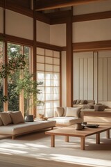 Fototapeta premium Modern living room in Japandi design featuring clean lines, low-profile furniture, and a serene ambiance