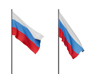 Two Russian flags on poles, waving in the wind against a white background, with realistic texture. Concept of national celebration. 3D Rendering