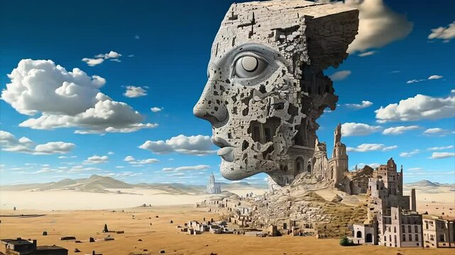 Zooming out from a surreal abstract stone sculpture of a human head in a desolate arid landscape with timelapse clouds in the background,