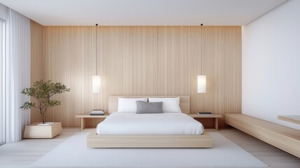 Nordic-style bedroom with light wood furniture, white bedding, and minimalist decor