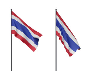 Two Thai flags with red, white, and blue stripes, waving on flagpoles. white background. Concept of patriotism and national pride. 3D Rendering