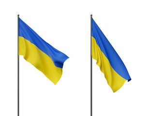 Two Ukrainian flags blowing in the wind, placed on a white background, with a closeup view. Patriotic, national celebration concept. 3D Rendering.