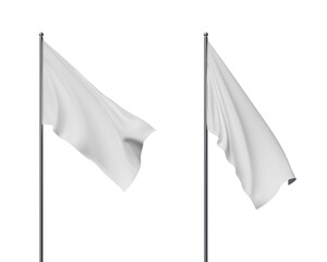 Two white flags waving on poles, set against a white background. The flags appear to be blowing in the wind, symbolizing peace or surrender. 3D Rendering.