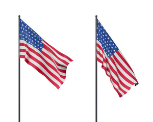 Two American flags waving on flagpoles, isolated on a white background. Showing a patriotic concept...