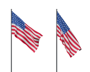 Two American flags waving on flagpoles, isolated on a white background. Showing a patriotic concept and movement of the flags blowing in the wind. 3D Rendering