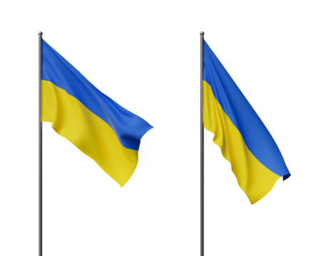 Two Ukrainian flags blowing in the wind, placed on a white background, with a closeup view. Patriotic, national celebration concept. 3D Rendering.