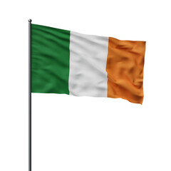 The Irish flag is displayed on a flagpole, waving against a white background, with vibrant green, white, and orange colors. 3D Rendering