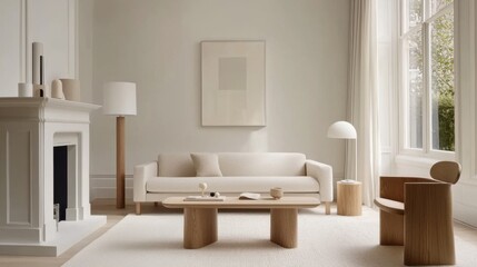 Fototapeta premium Bright Scandi living room with a neutral color palette, featuring clean-lined furniture and soft textures