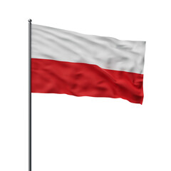 Waving flag of Poland on a white background with realistic fabric texture. The flag is attached to a pole and blowing in the wind. 3D Rendering