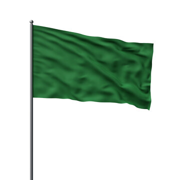 Green flag blowing in the wind on a pole, isolated on a white background, showing a smooth and clean texture. Concept of national identity. 3D Rendering