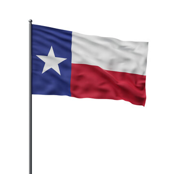 Waving Texas flag on a white background, showing blue, white, and red sections with a star. Concept of patriotism and celebration. 3D Rendering