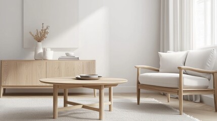 Minimalist living room with sleek furniture and clean lines, featuring a wooden coffee table and neutral-colored seating