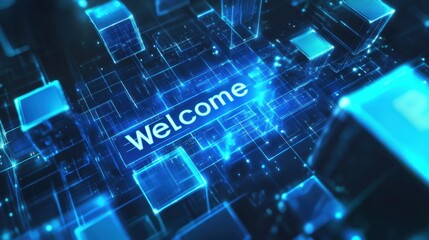A blue banner with futuristic square designs and a bold "Welcome" text, perfect for web or social media introductions.