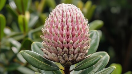 Fototapeta premium Vibrant Pink Protea Flower in Lush Greenery