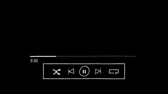 Hand drawn music player template, hand drawn audio music player, doodle music player animation on black screen.