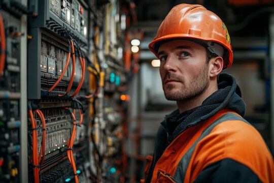 A young male electrician in an orange hard hat and safety vest stands in a server room, looking at the camera with a serious expression.