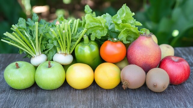 Close-up of vibrant fresh vegetables and fruits on wooden table, symbolizing healthy blood pressure foods, emphasizing natural nutrition and wellness.