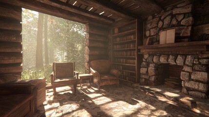 Cozy Reading Nook in Log Cabin with Stone Fireplace and Classic Novels - Ultra-Detailed, Cinematic Light