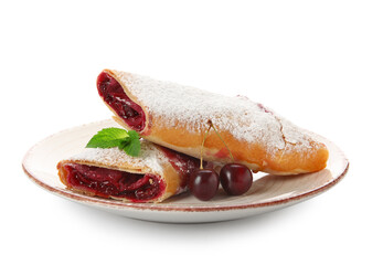 Plate with tasty cherry strudel and fresh berries on white background, closeup