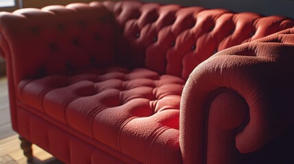 Obraz premium A detailed red vintage sofa with dotted buttons in a chester design, highlighting its timeless, classic texture for interior design concepts.